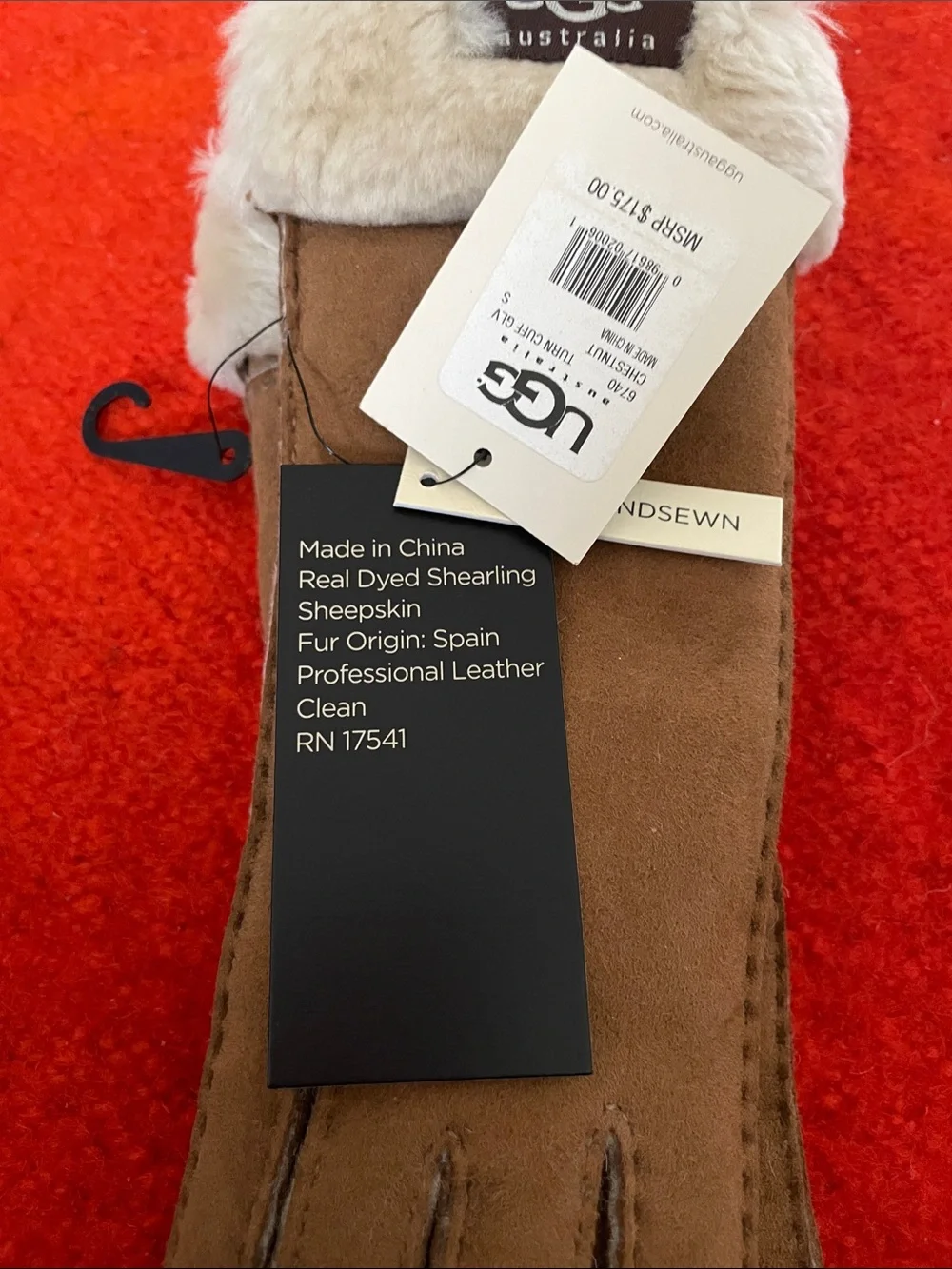 UGG Brown Suede Shearling-Trim Gloves with Cream Cuff Size Small